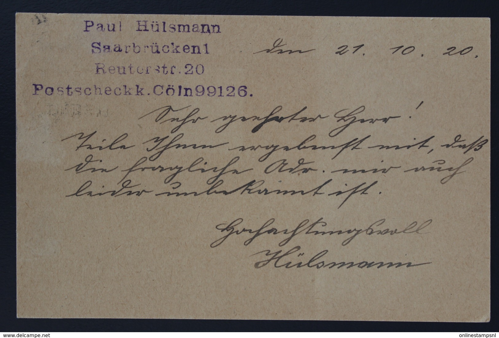 SAARGEBIET POSTKARTE Mi  P7  22-10-1920 -> Mannheim - Postal Stationery