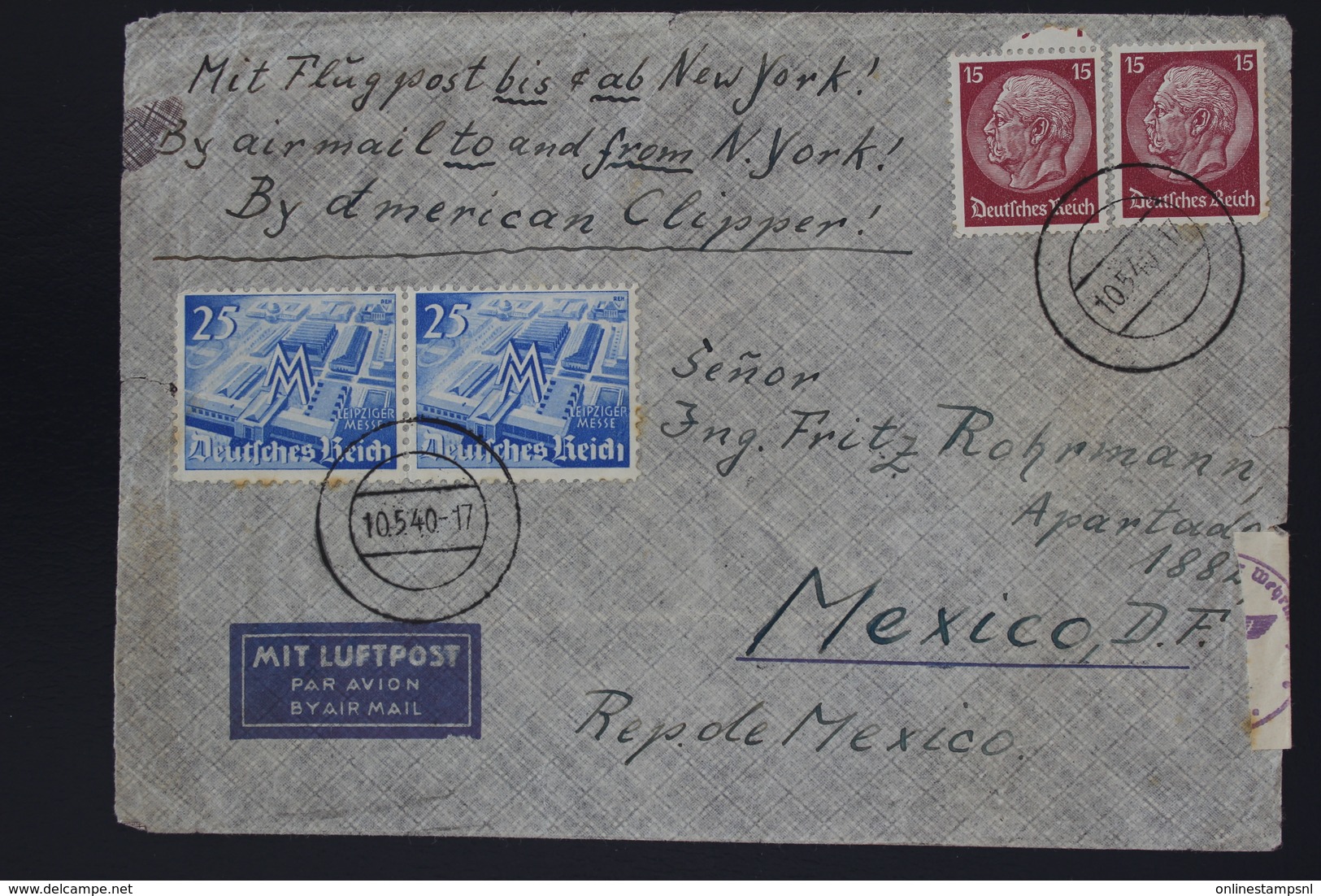 Deutsche Reich  Luftpost Cover  Berlin , New York Mit American CLipper -> Mexico, 10-5-1940 Anfang Krieg Westen - Lettres & Documents