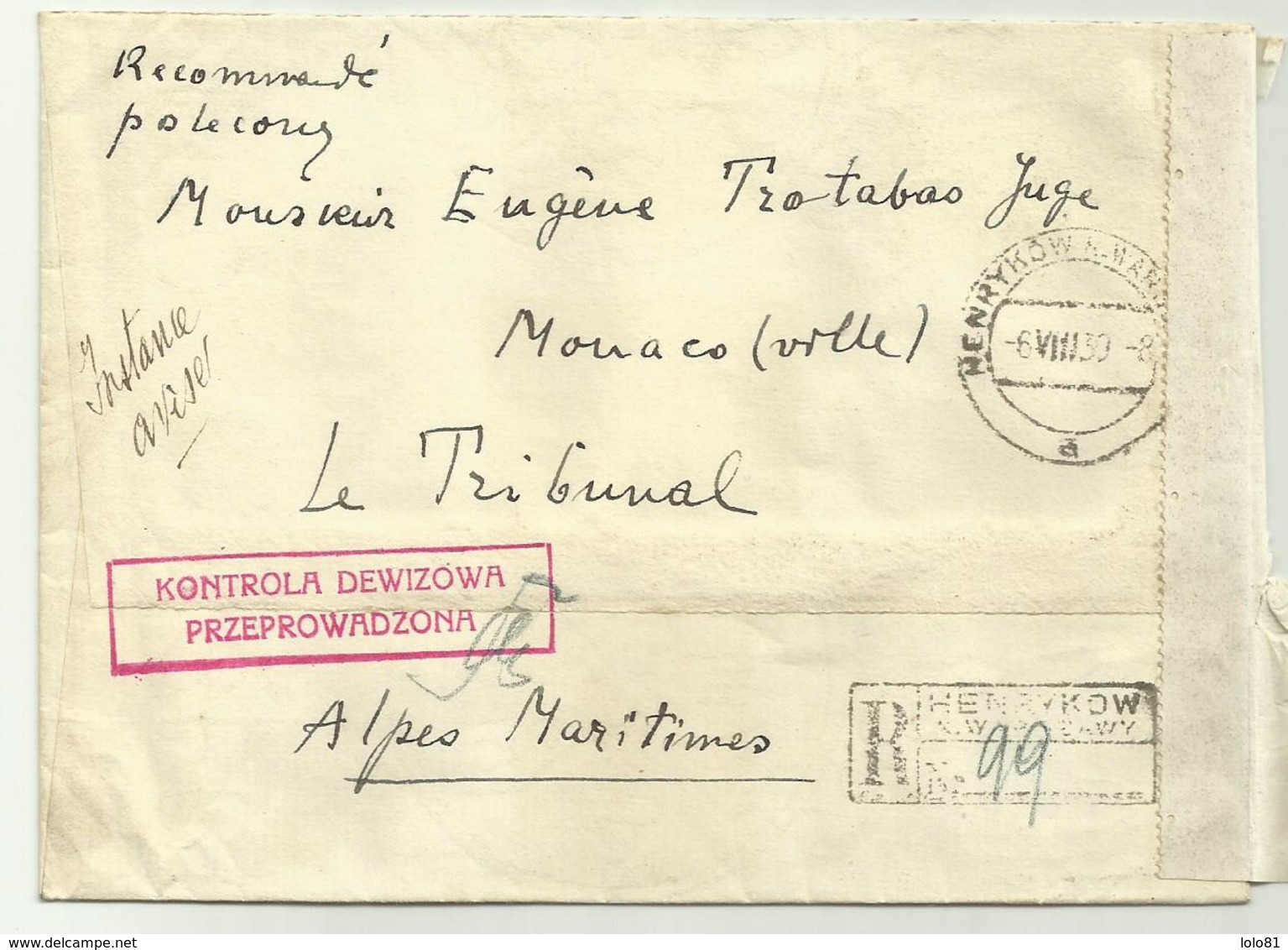 RARE POLOGNE 1939- YT  BF 8 Sur Lettre Recommandée De HENRYKOW Pour MONACO - - Autres & Non Classés