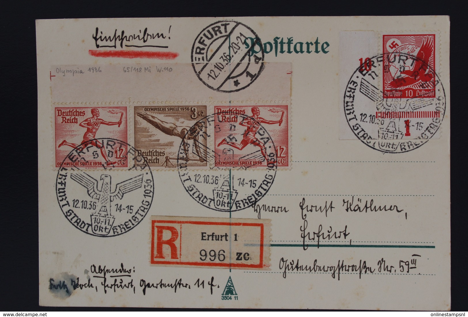 Deutsche Reich Einschreiben Postkarte ERFURT Sonderstempel Kreistag 1936 Zusammendrucke W110 - Briefe U. Dokumente