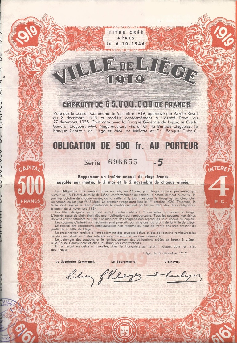 VIILE DE LIEGE 1919  -  Obligation Au Porteur De 500 FR - Luik