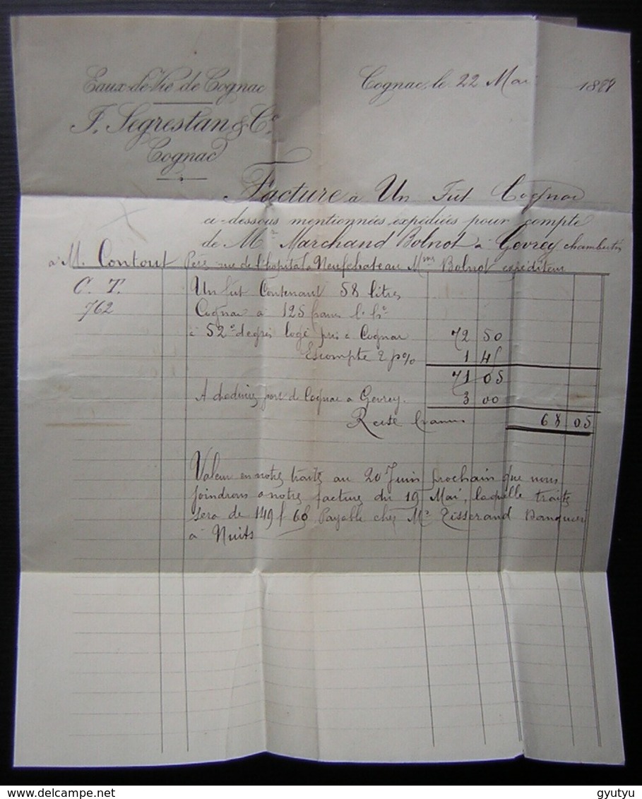 Cognac 1888 J. Segrestan, Timbre Barré Au Crayon Bleu + Convoyeur La Rochelle à Angoulême, Pour Gevrey Chambertin - Railway Post