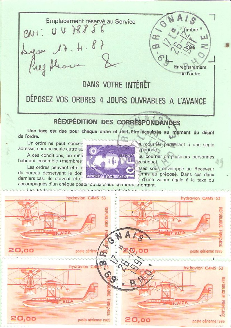 Ordre De Réexpédition Définitif Affranchissement Base Poste Aérienne Oblitéré BRIGNAIS Rhone - 1961-....