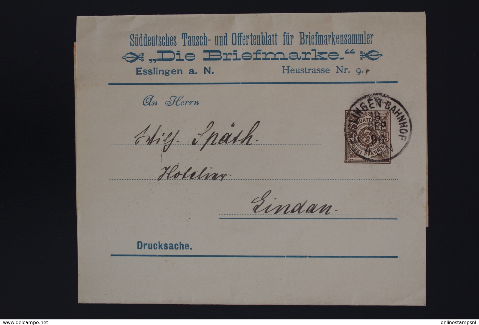 DEUTSCHE REICH STEIFFBAND   DIE BRIEFMARKE  PS 1 PRIVAT GANZSACHE  ESSLINGEN 1896 - Postwaardestukken