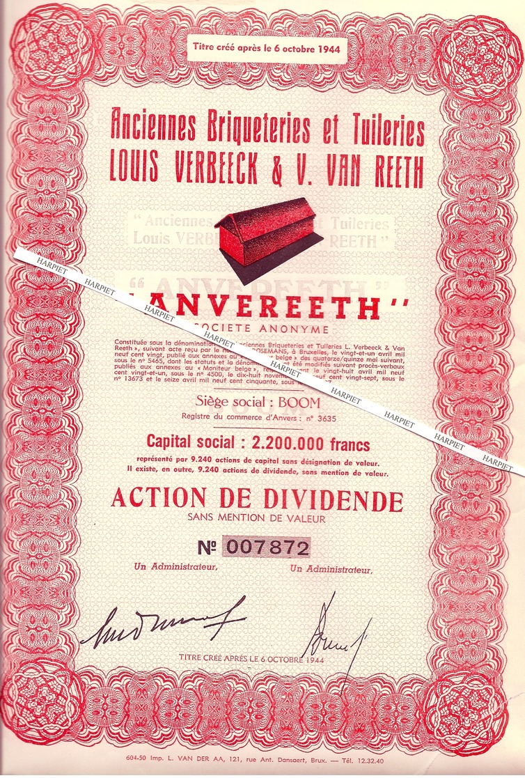 BOOM - Lot De 10 Actions  "ANVEREETH" -  Ancienne Briqueteries Et Tuileries Louis Verbeeck & V. Van Reeth - Boom