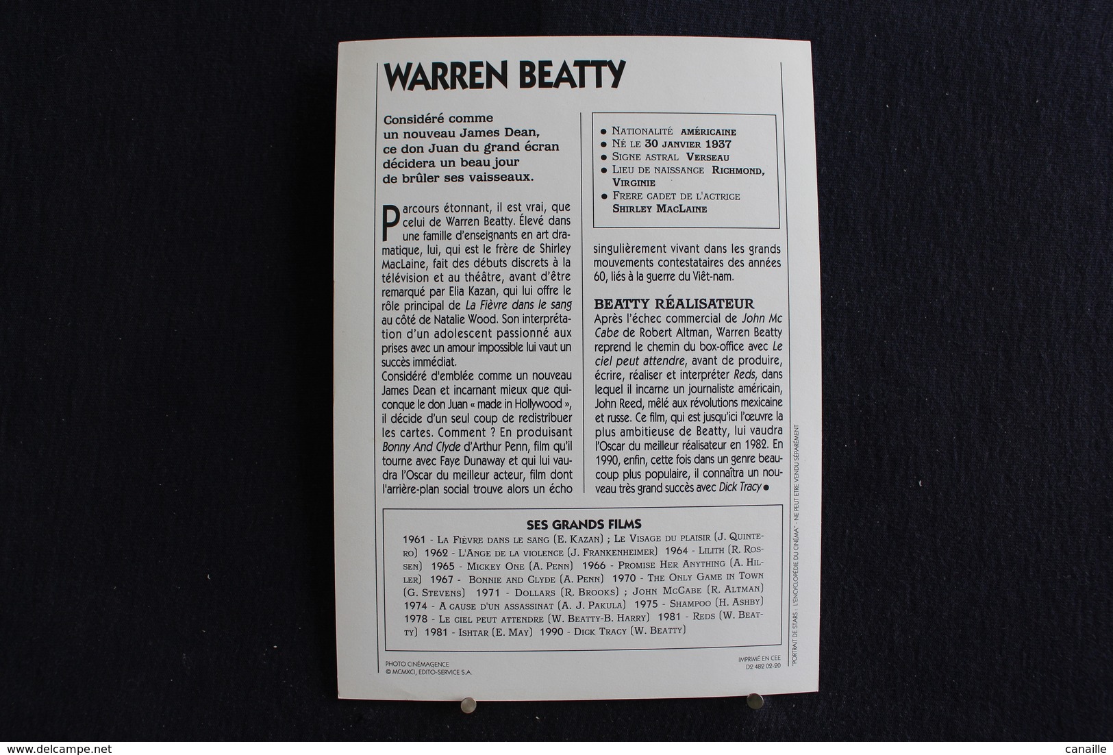 Sp-Acteur,réalisateur, Producteur Et Scénariste Américain, 1960 - Warren Beatty, Né à Richmond Le 30 Mars 1937 - Acteurs