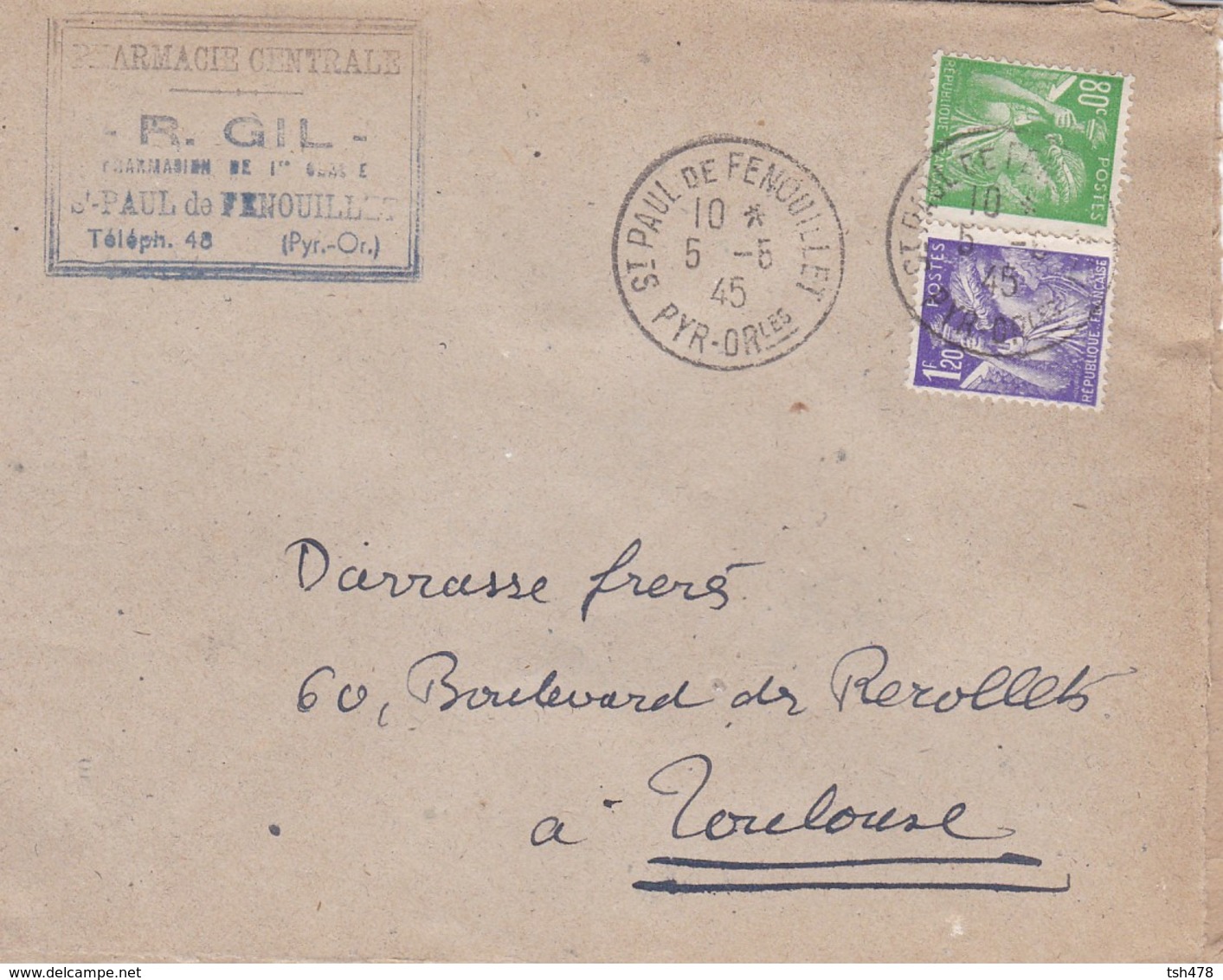 LETTRE---66---SAINT-PAUL-DE-FENOUILLET--1945--pharmacien De 1ère ClasseR. GIL-Pharmacie Centrale---voir 2 Scans - 1921-1960: Période Moderne