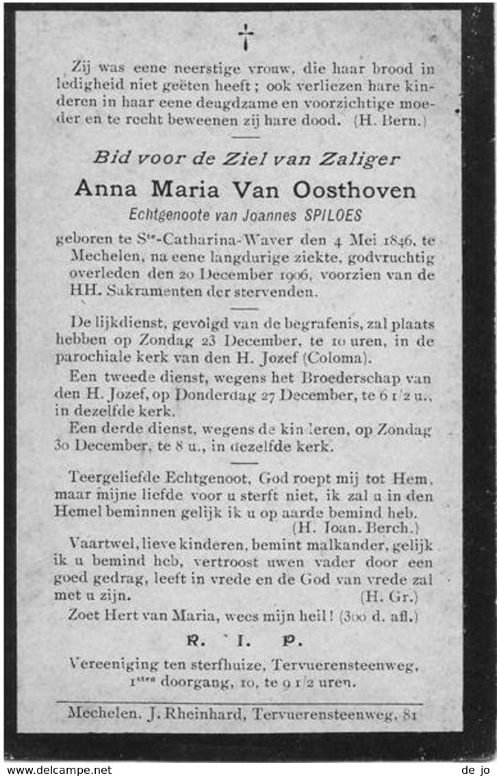 VAN OOSTHOVEN Anna °1846 Sint-Katelijne Waver +1906 Mechelen- Echt Spiloes Doodsprentje Image Mortuaire Funeral Card - Religion & Esotérisme