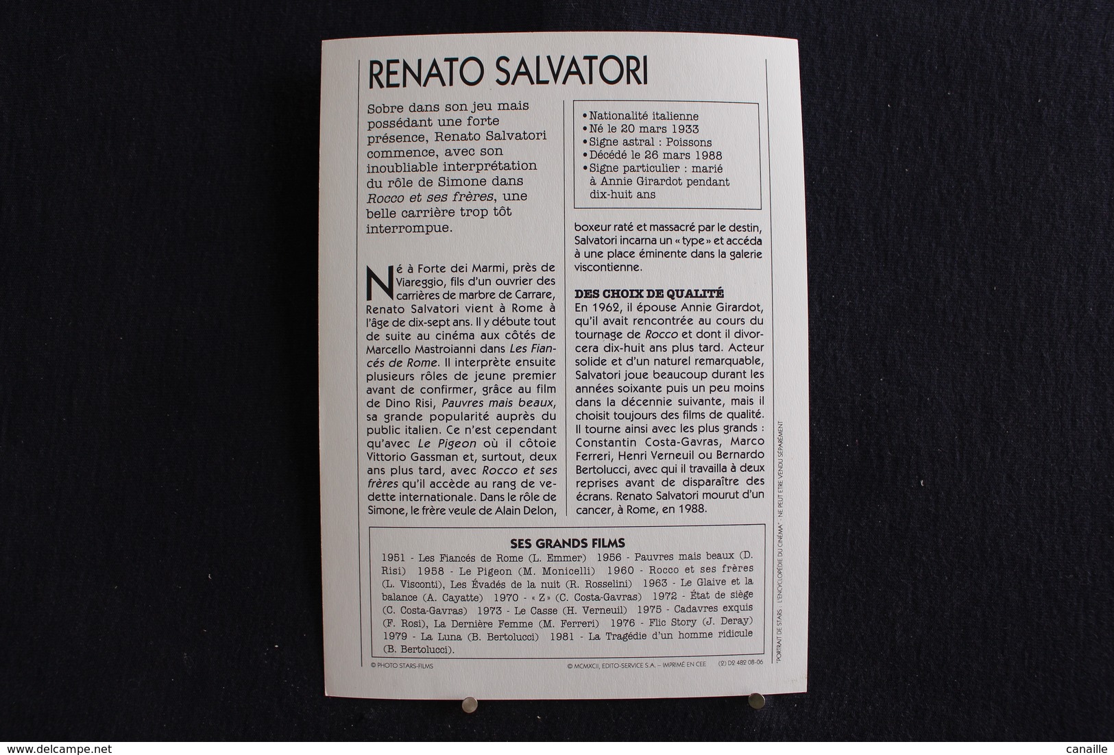 Sp-Acteur, Italien,1960 -  Renato Salvatori, Né Le 20 Mars 1933 à Seravezza (Italie), Et Mort Le 27 Mars 1988 à Rome. - Acteurs