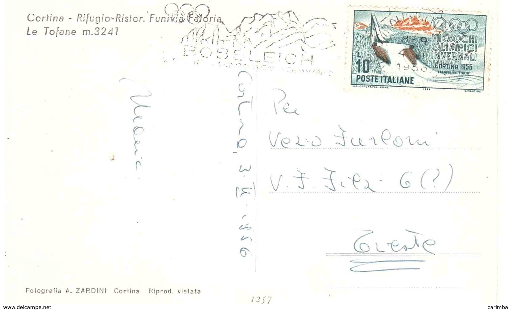 RIFUGIO RISTOR  CON £10 GIOCHI OLIMPICI CORTINA 1956 ANN. TARGHETTA BOBSLEIGH - Inverno1956: Cortina D'Ampezzo