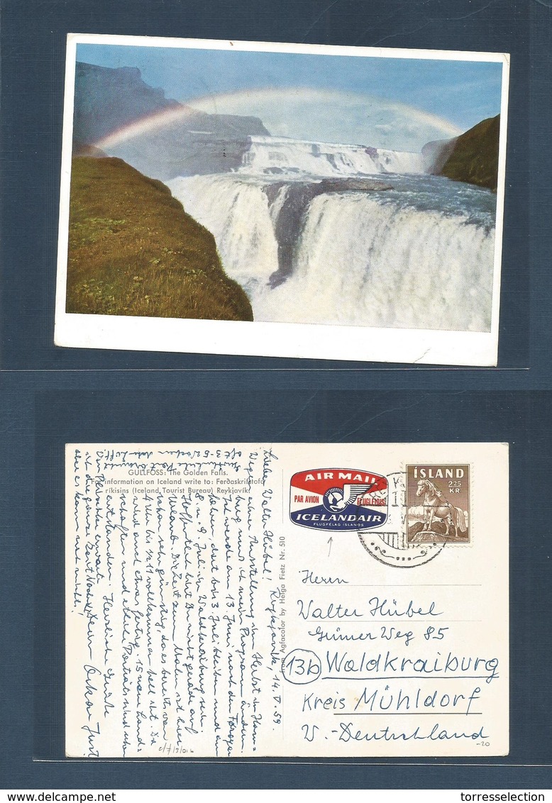 ICELAND. 1959 (14 May) Reykavik - Germany. Air Fkd Postcard + Special Iceland Air Label, Tied Cancel. Nice Item. - Autres & Non Classés