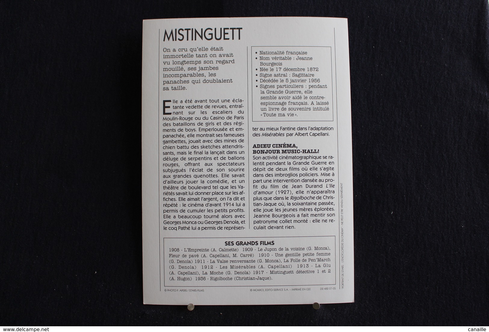 Sp-Actrice,chanteuse,française.Bourgeois,dite,1925-Mistinguett,née à Enghien-les-Bains En 1875,morte à Bougival En 1956 - Acteurs