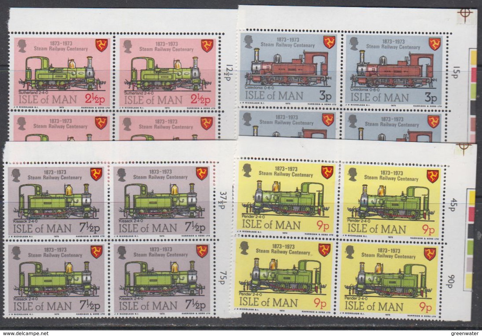 Isle Of Man 1973 Steam Railway Centenary 4v Bl Of 4 (corner) ** Mnh (44282A) - Man (Eiland)