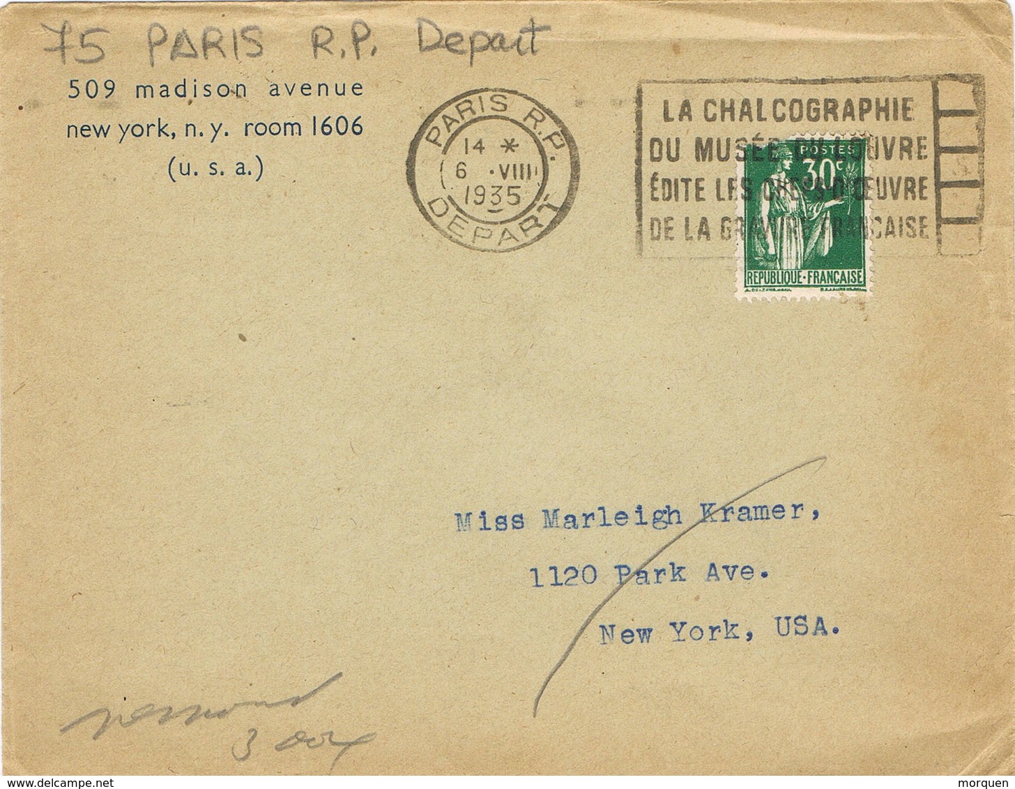33674. Carta PARIS R.P. Depart 1935. Flamme. Editions Musée Du Louvre. Chalcographie - Cartas & Documentos
