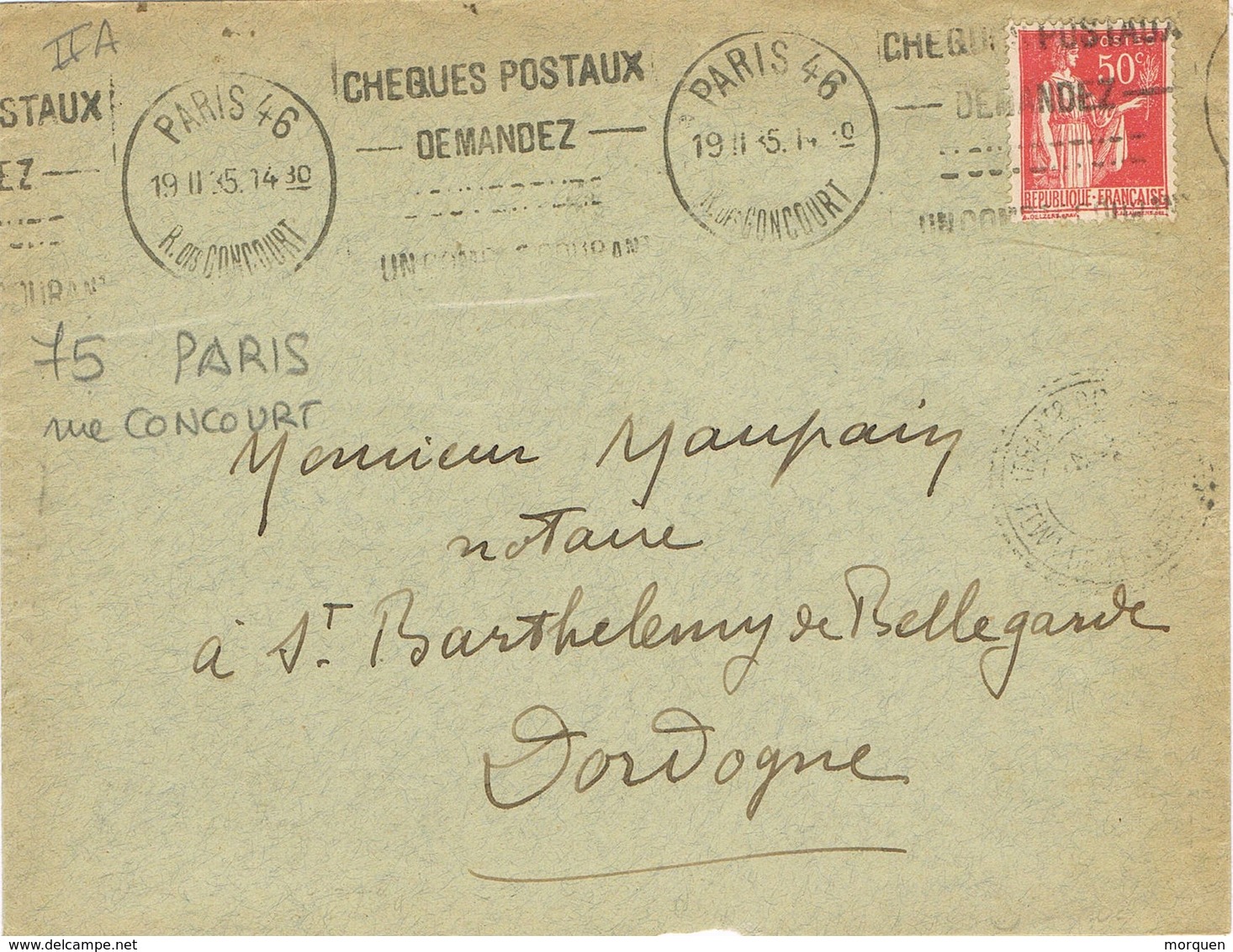 33675. Carta PARIS 46 (Rue Concourt) 1935. Flamme. Cheques Posteaux, La Poste - Cartas & Documentos
