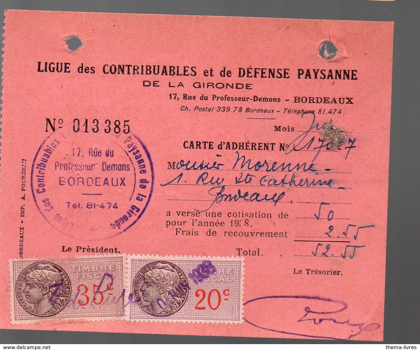 Bordeaux ( 33 Gironde) Reçu LIGUE DES CONTRIBUABLES ET DE DEFENSE PAYSANNE 1938 Avec Timbres Fiscaux (PPP19884) - Matériel Et Accessoires