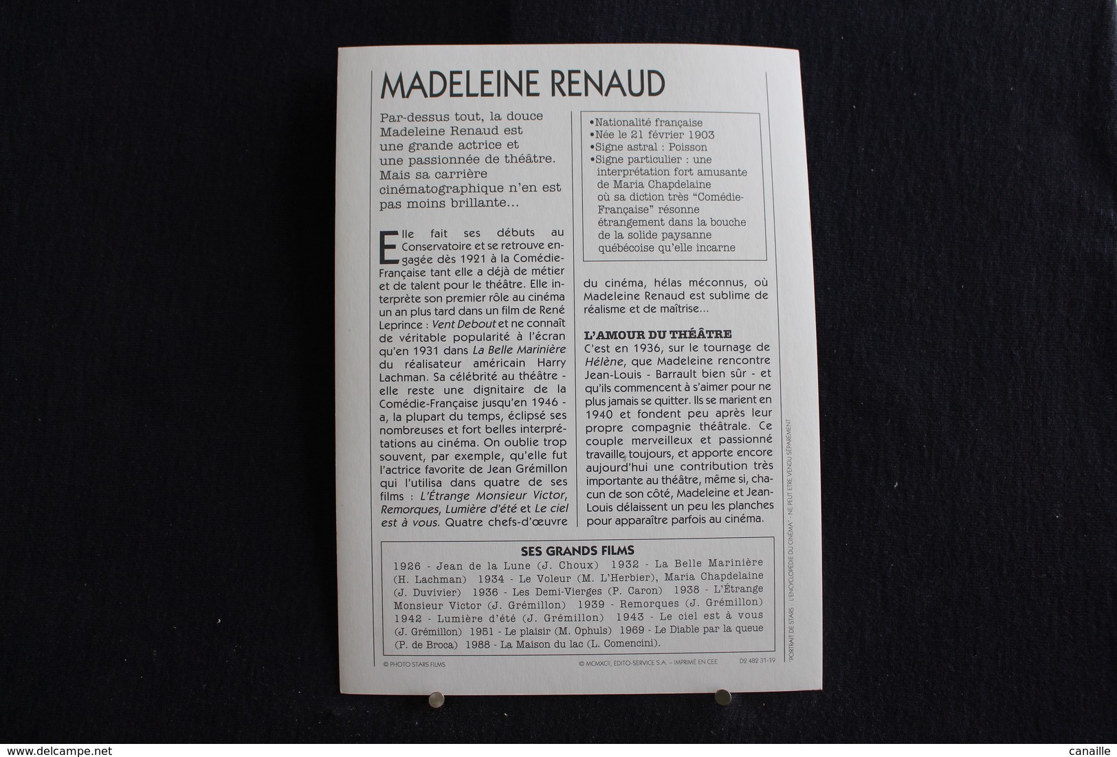 Sp-Actrice,française,1940-Madeleine Renaud, Née En 1900 à Paris (16e Arrondissement), Morte En 1994  à Neuilly-sur-Seine - Acteurs