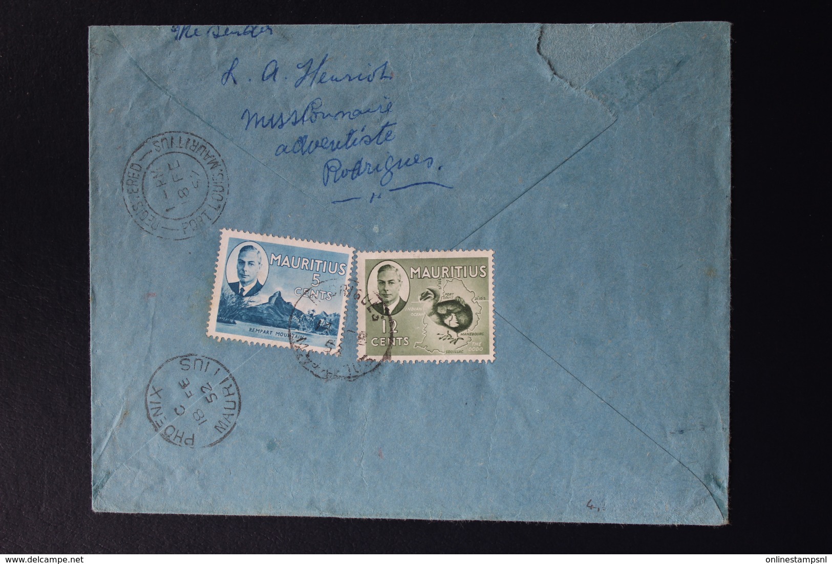 MAURITIUS REGISTERED COVER FROM ISLAND RODRIGUES -> PHOENIX MAURITIUS 1952 - Maurice (...-1967)