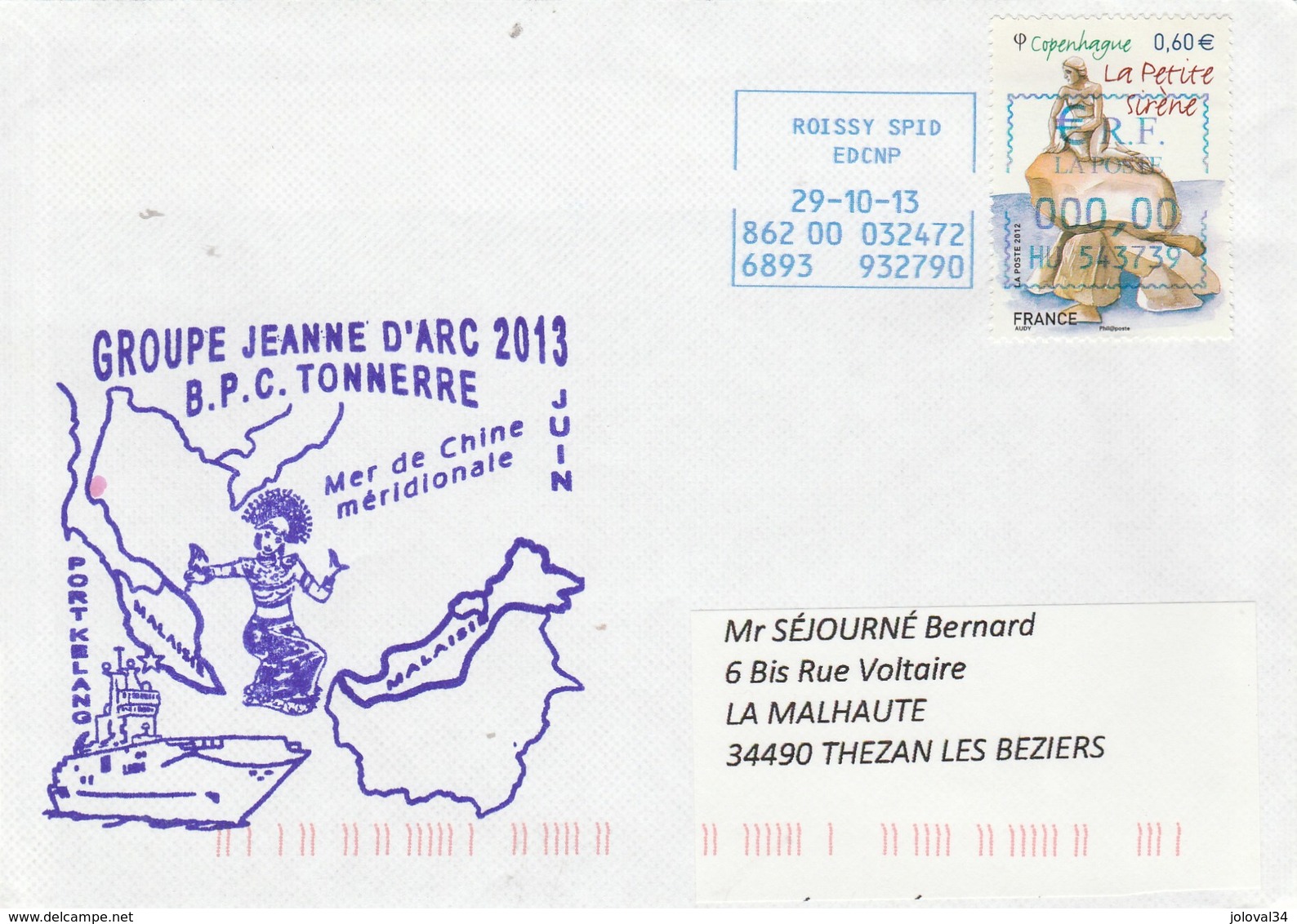 Groupe JEANNE D'ARC 2013 BPC TONNERRE Port Kelang Mer De Chine Méridionale Cachet Roissy 29/10/2013 - Posta Marittima