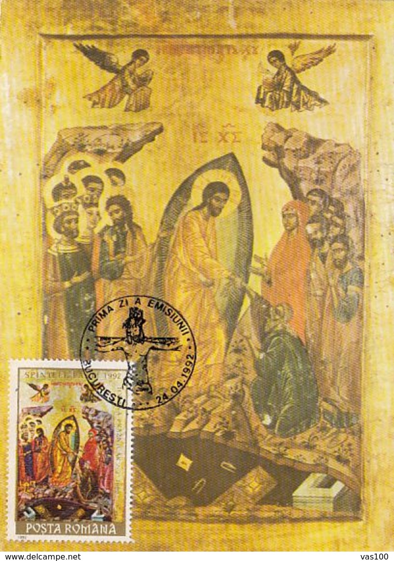 RELIGIOUS PAINTINGS, JESUS' RESURRECTION ICON, EASTER, CM, MAXICARD, CARTES MAXIMUM, OBLIT FDC, 1992, ROMANIA - Paintings