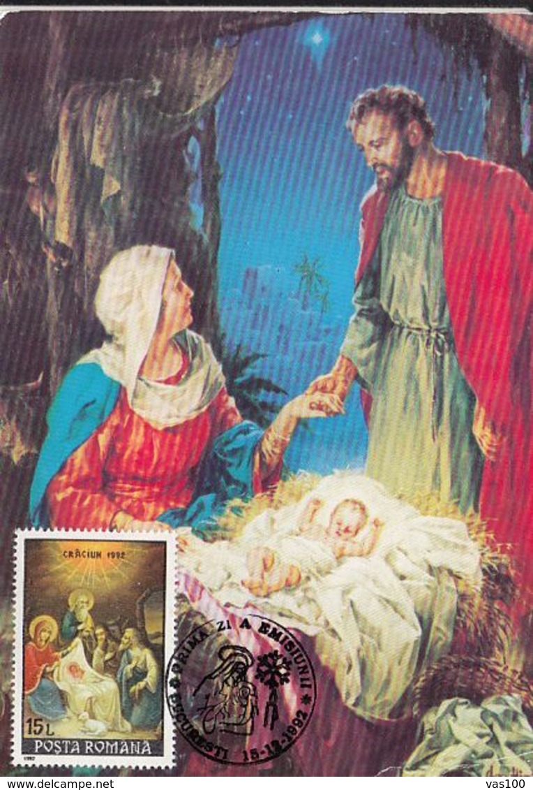 RELIGIOUS PAINTINGS, JESUS' BIRTH, CHRISTMAS, CM, MAXICARD, CARTES MAXIMUM, OBLIT FDC, 1992, ROMANIA - Quadri