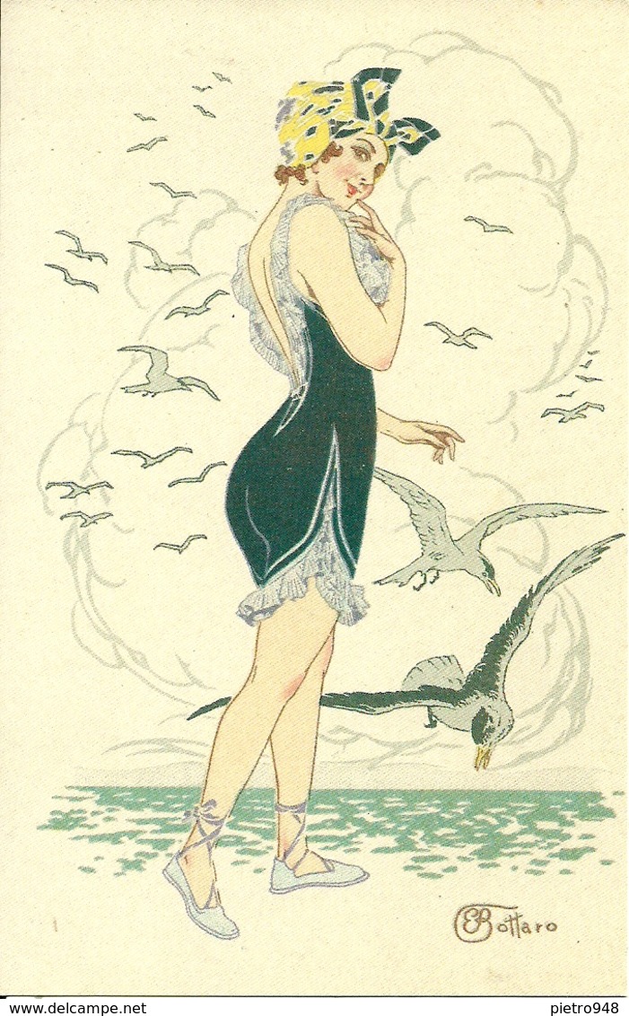 Ragazza In Spiaggia E Gabbiani, Riproduzione Da Orig., Reproduction, Illustrazione, E. Bottaro Illustratore (F27) - Mujeres