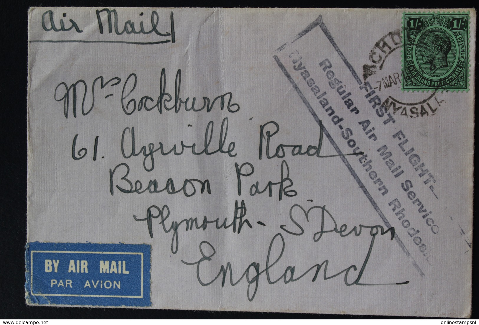 NYASSALAND COVER FIRST FLIGHT REGULAR AIR MAIL SERVICE NYASALAND - SOUTHERN RHODESIA CHOLO - PLYMOUTH 7-3-34 - Nyasaland (1907-1953)