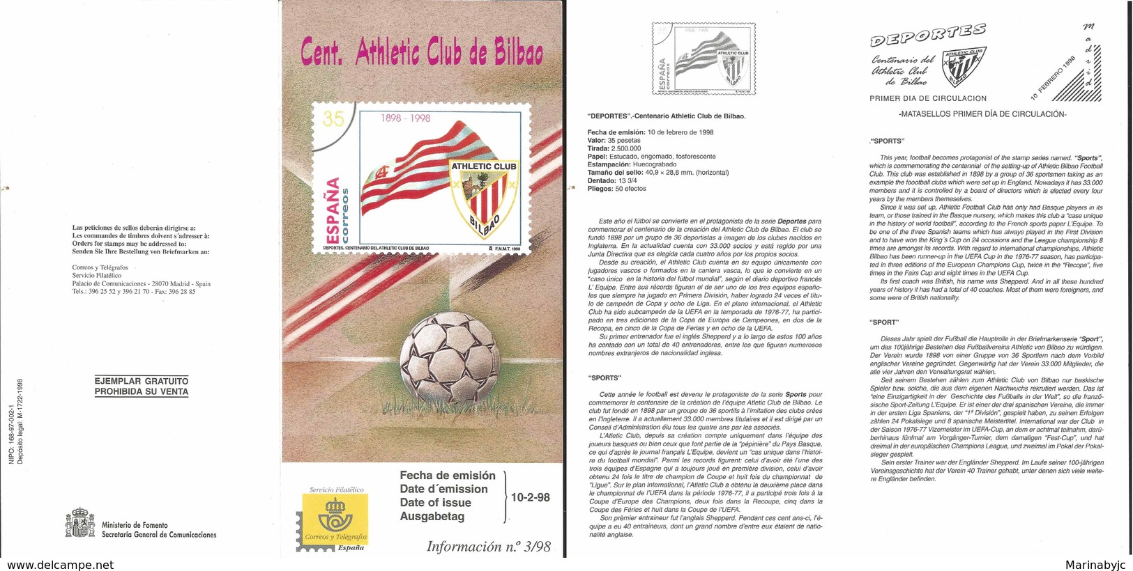 V) 1998 SPAIN, SPORTS, CENTENNIAL OF THE SETTING-UP OF ATHLETIC BILBAO FOOTBALL, FDB - Neufs