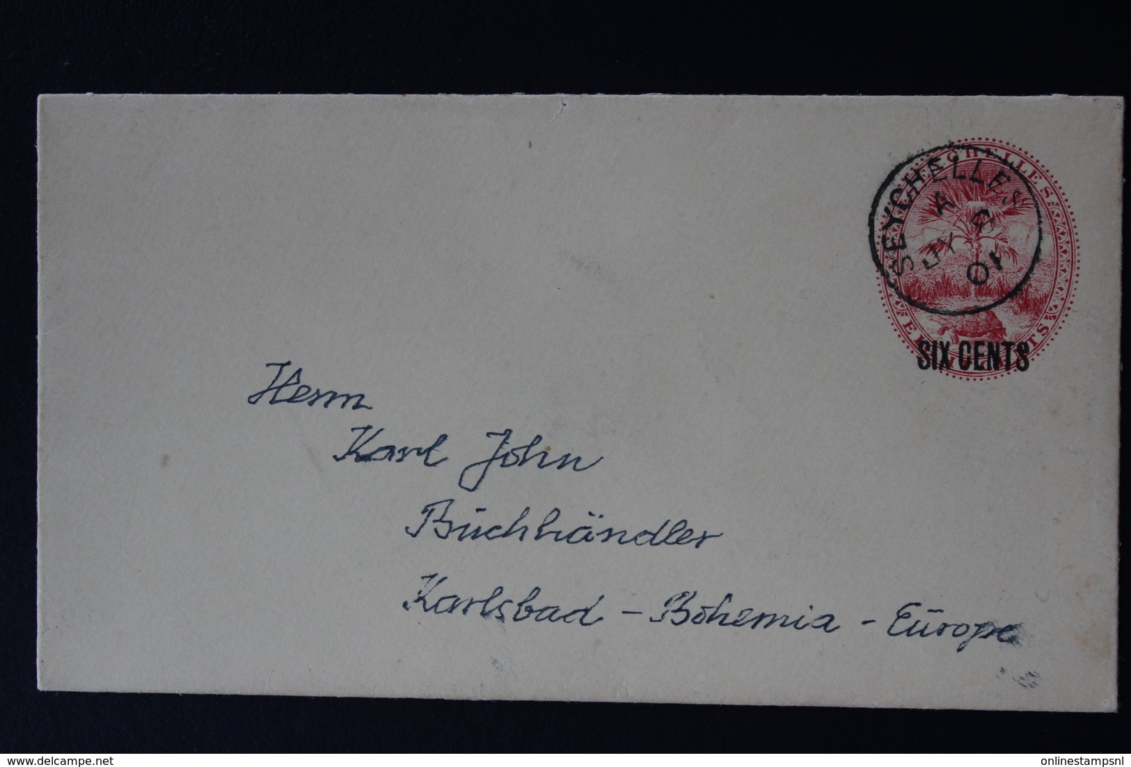 SEYCHELLES STATIONARY COVER  6 ON 8 CENTS 8-7-1901 -> KARLSBAD BOHEMIA NGK NR 5 - Seychellen (...-1976)