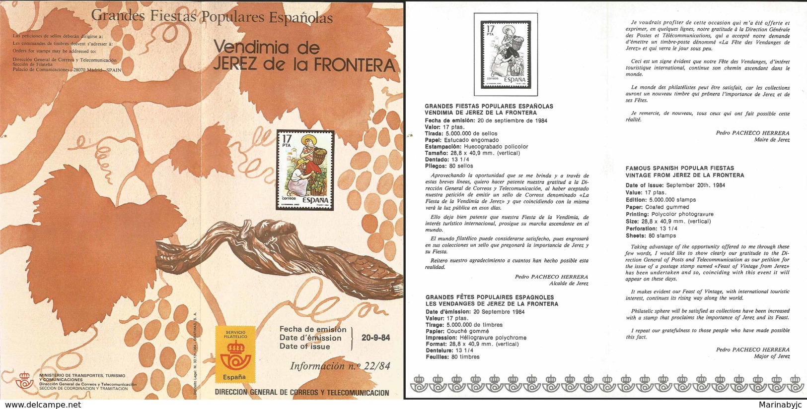 V) 1984 SPAIN, FAMOUS SPANISH POPULAR FIESTAS VINTAGE FROM JEREZ DE LA FRONTERA, FDB - Neufs