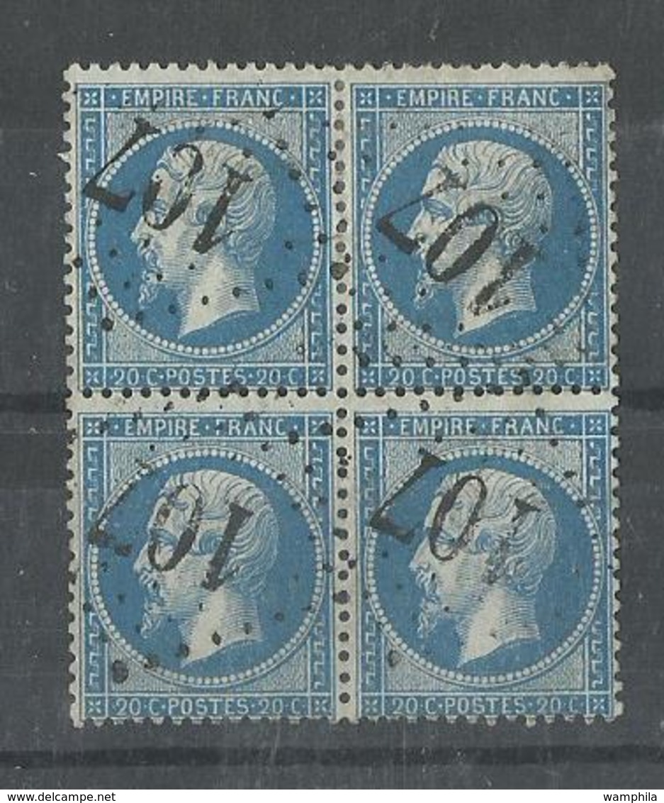 France N° 22 Bloc De 4 Oblitéré GC 107 Aniche 57 Cote YT 100€, Signé Calvès - 1862 Napoleon III