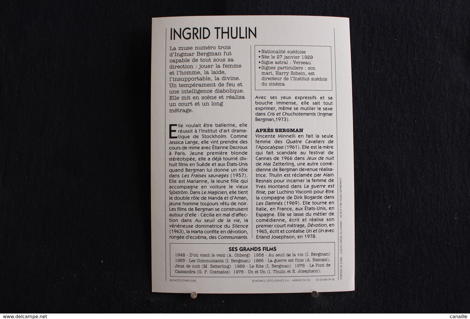 Sp-Actrice,suédoise, 1960 - Ingrid Thulin, Née En 1926 à Sollefteå, Ångermanland - Suède, Morte à Stockholm En 2004. - Acteurs