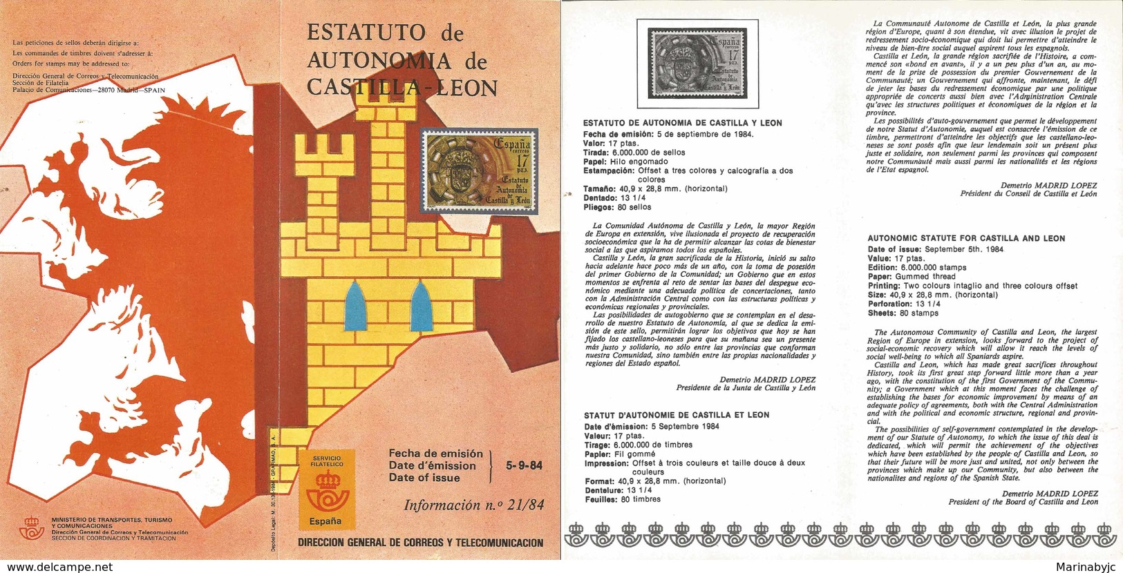 V) 1984 SPAIN, AUTONOMIC STATUTE FOR CASTILLA AND LEON, FDB - Neufs