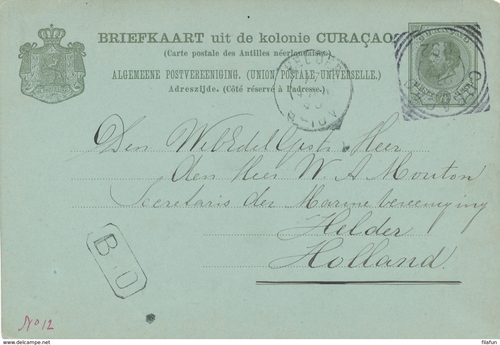 Curacao - 1892 - 7,5 Cent Willem III, Briefkaart G8 - Echt Gebruikt Van VK Curacao Naar KR Helder / Nederland - Curaçao, Nederlandse Antillen, Aruba