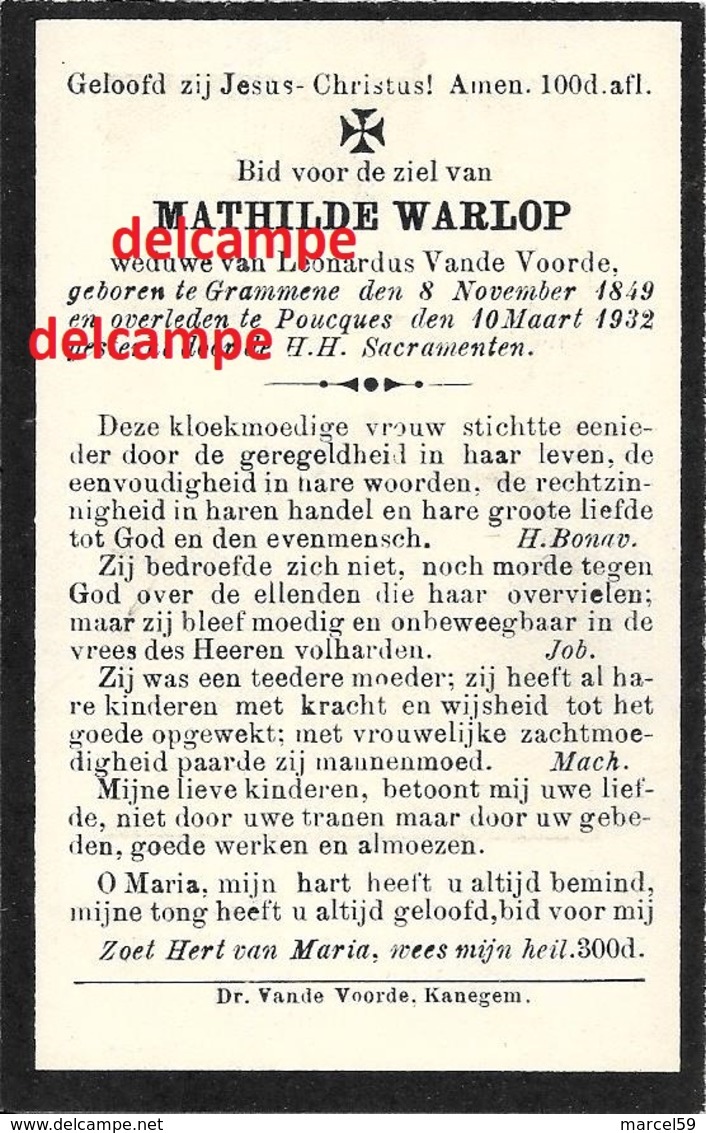 Bidprentje Mathilde Warlop Grammene1849 En Overleden Te Poeke Maart 1932 Vande Voorde Doodsprentje - Images Religieuses