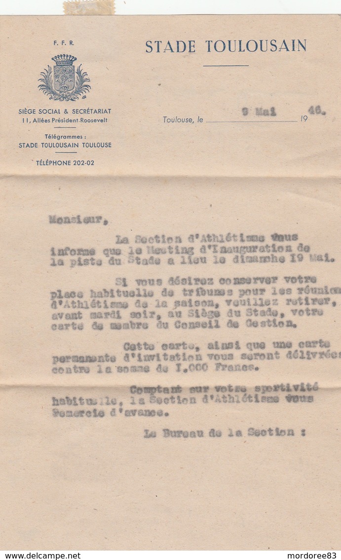 GANDON 3F SEUL SUR PLI STADE TOULOUSAIN ATHLETISME ABONNEMENT 9/5/46  POUR TOULOUSE - Lettres & Documents