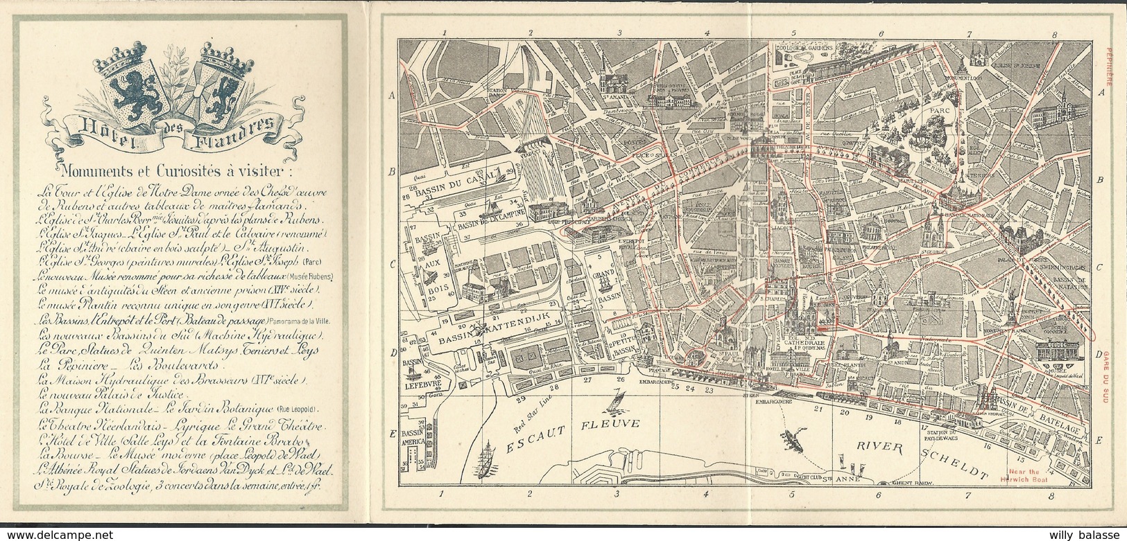 Dépliant Hôtel Des Flandres Place Verte 11 ANVERS Superbement Illustré Avec Plan - Dépliants Touristiques