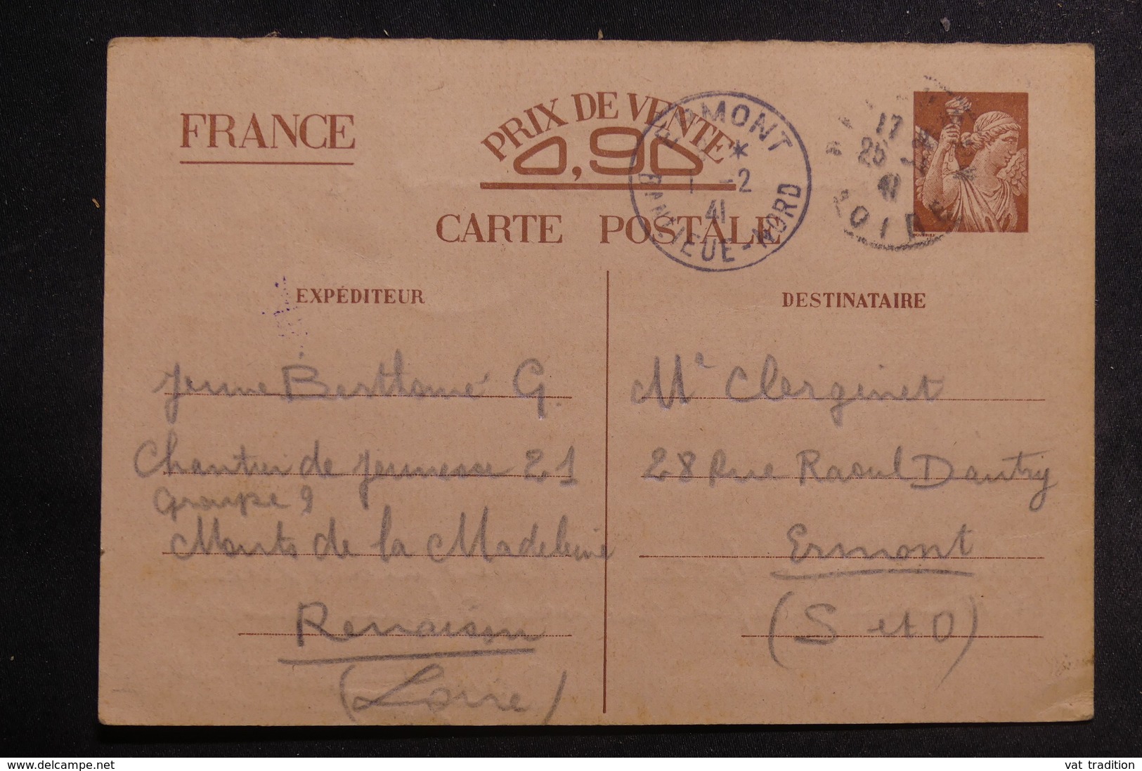 FRANCE - Entier Postal Type Iris Du Chantier De Jeunesse De La Loire Pour Ermont En 1941 - L 39765 - Standard Postcards & Stamped On Demand (before 1995)