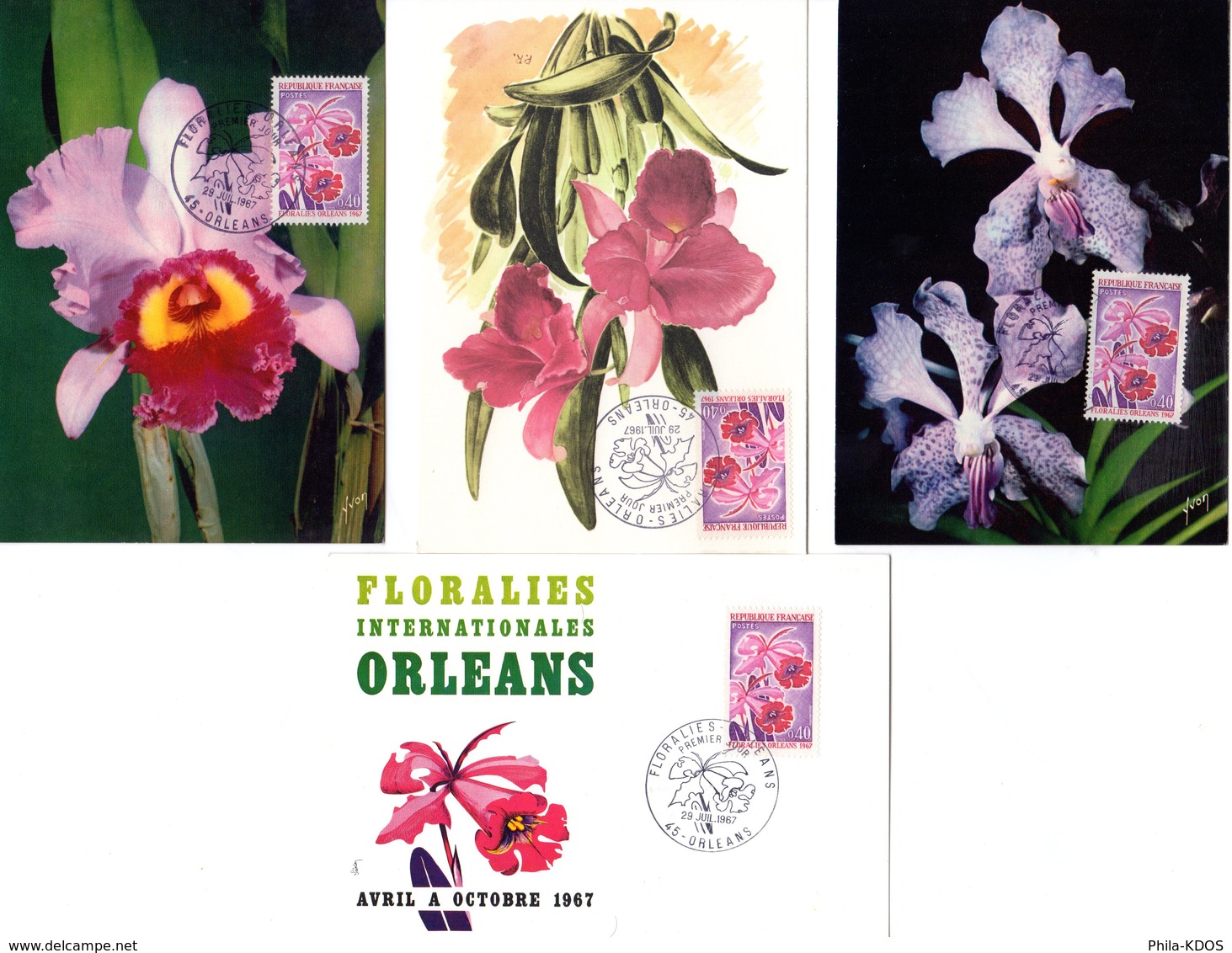 &#9989; Lot " FLORALIES D'ORLEANS / ORCHIDEES " Sur 4 Cartes Maximum De 1967. Diverses édit° N° YT 1528 TB état CM - Orchideen