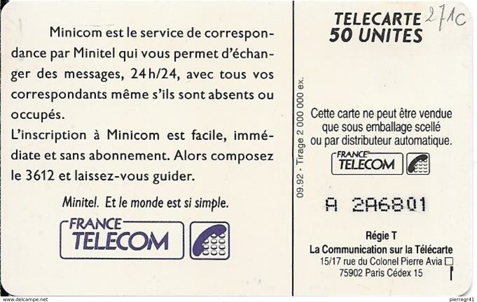 CARTE-PUBLIC-F271C.772--50U-SO4-09/92-MINICOM TAPEZ 3612-V° N° A 2A6801-UTILISE-TBE-RARE - 1992