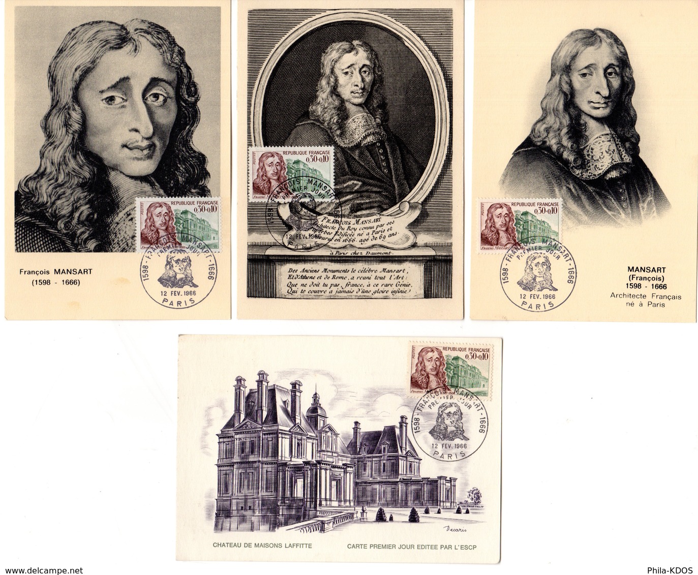 Lot " MANSART " Sur 4 Cartes Maximum De 1966. Diverses édit° N° YT 1471. TB état CM - Verzamelingen & Reeksen