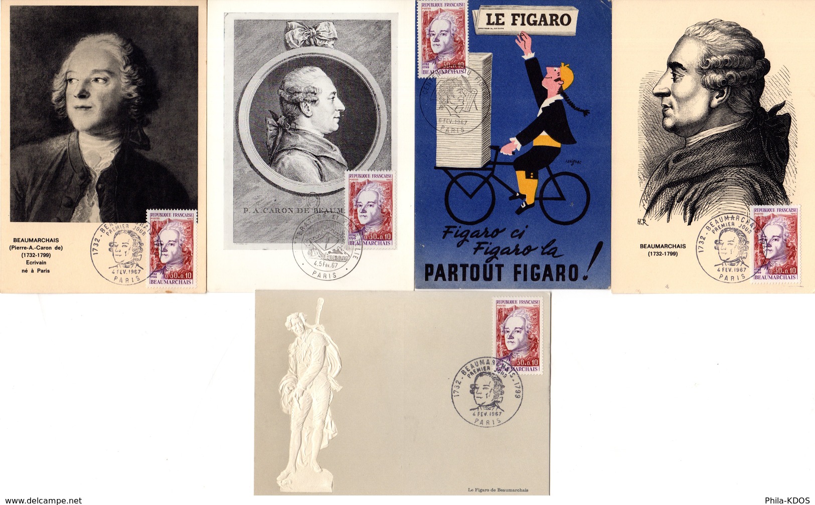 Lot " BEAUMARCHAIS " Sur 5 Cartes Maximum De 1967. Diverses éditions. N° YT 1512. TB état CM - Colecciones & Series