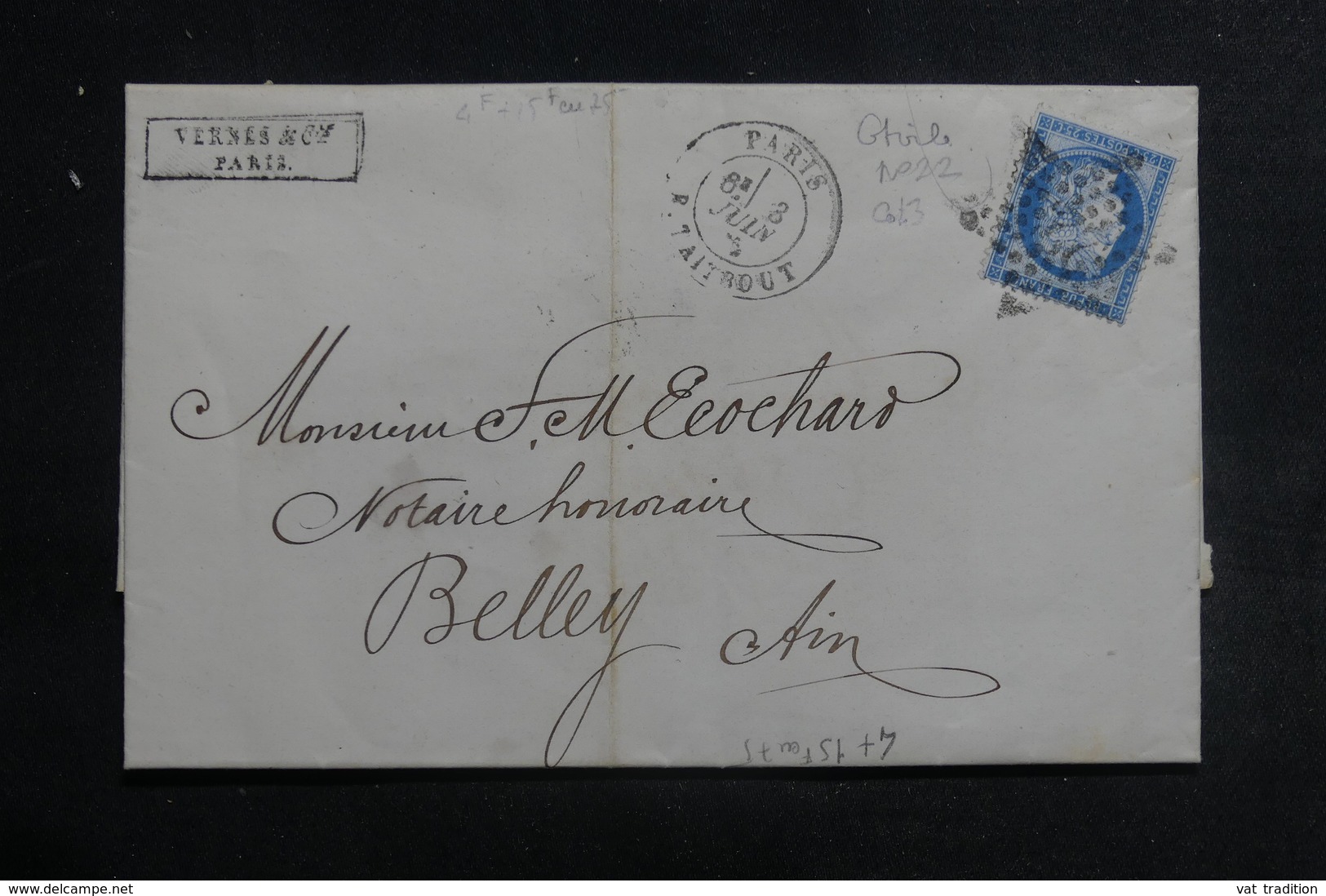 FRANCE - Lettre De Paris Pour Belley En 1875, Affranchissement Cérès, étoile 22 - L 39795 - 1849-1876: Classic Period