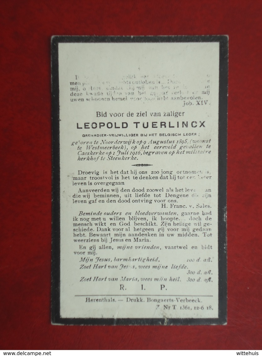 Oorlogslachtoffer Leopold Tuerlincx Geboren Te Noorderwijk 1895 Gesneuveld Te Caeskerke 1916    (2scans) - Religion & Esotérisme