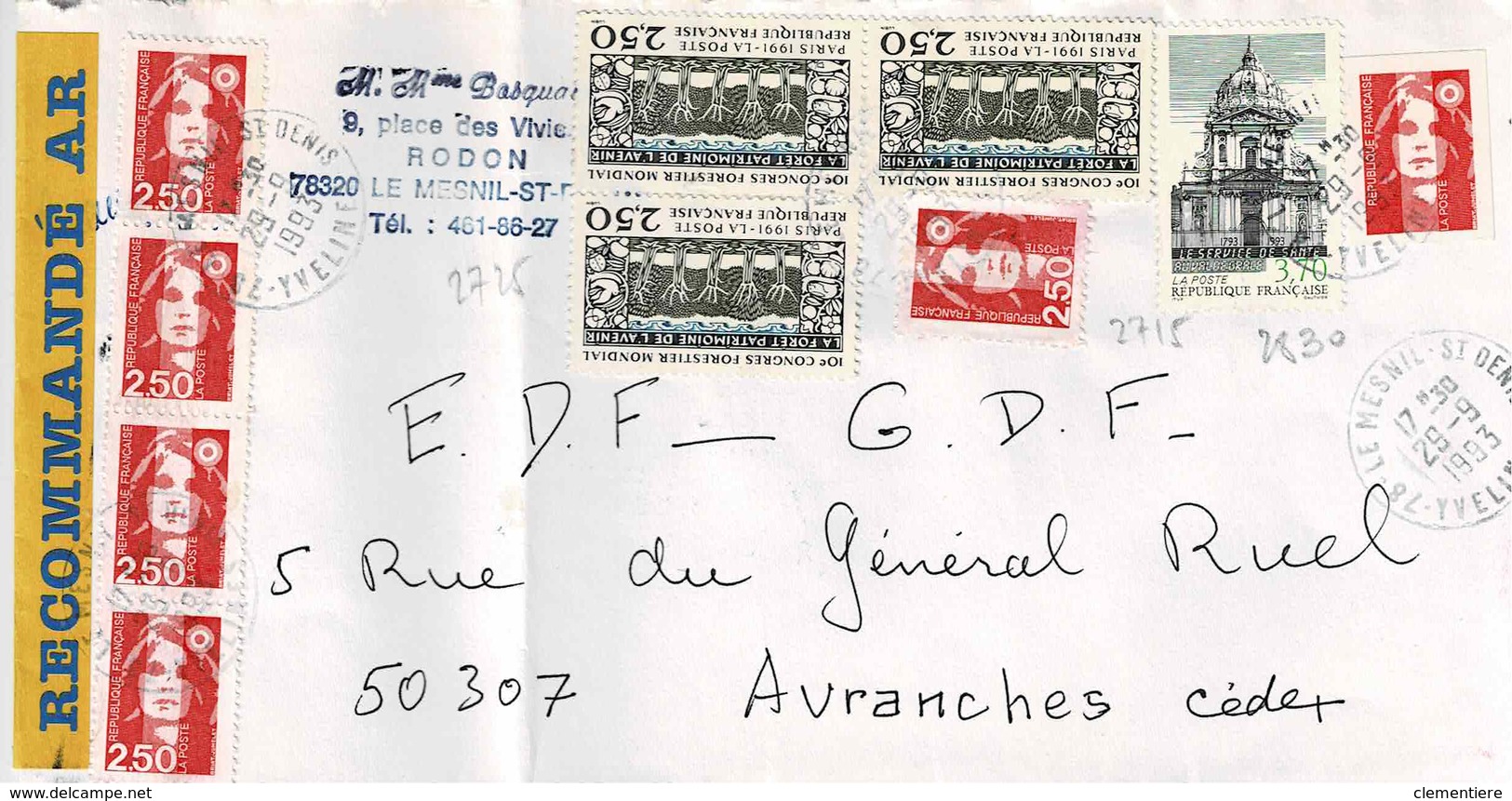 TP  N° 2725 En 3 Ex, 2830, 2715 En Bande De 6 Et 2807  Sur Enveloppe En Recommandé Du Mesnil St Denis - 1961-....