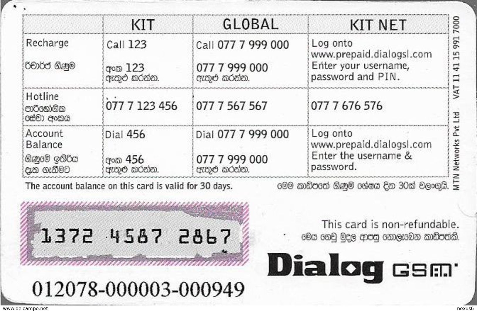 Sri Lanka - Dialog Tel. - KIT Card, Three Cricket Team Players Version #1, Prepaid 100Rs, Used - Sri Lanka (Ceylon)