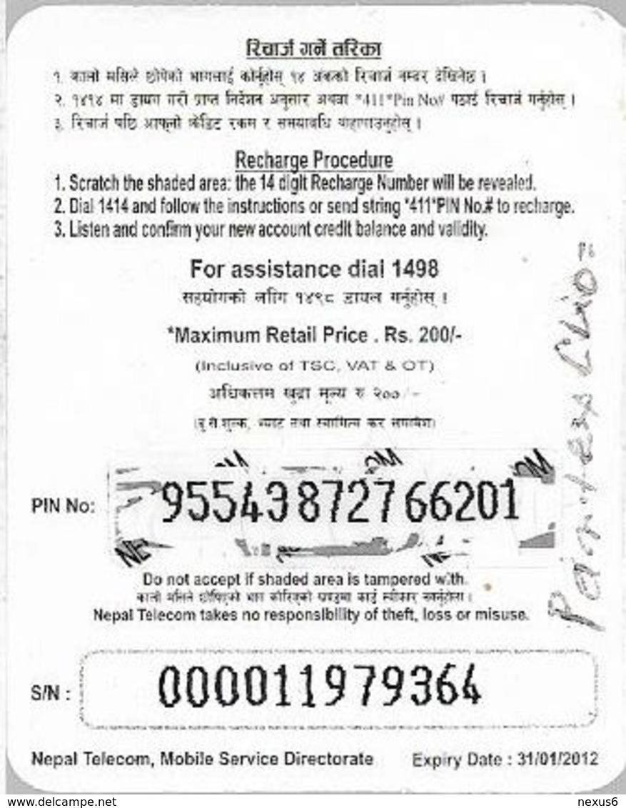 Nepal - Nepal Telecom - Namaste - Green, Exp.31.01.2012, Mini Prepaid 200Rs, Used - Népal