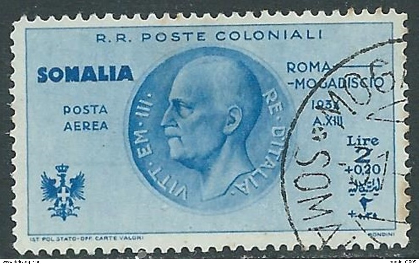 1934 SOMALIA POSTA AEREA USATO VOLO ROMA MOGADISCIO 2 LIRE - UR31-4 - Somalia