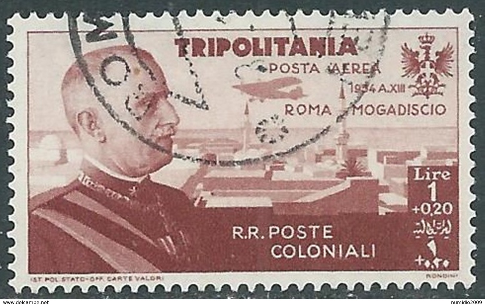 1934 TRIPOLITANIA POSTA AEREA USATO VOLO ROMA MOGADISCIO 1 LIRA - UR31-4 - Tripolitania