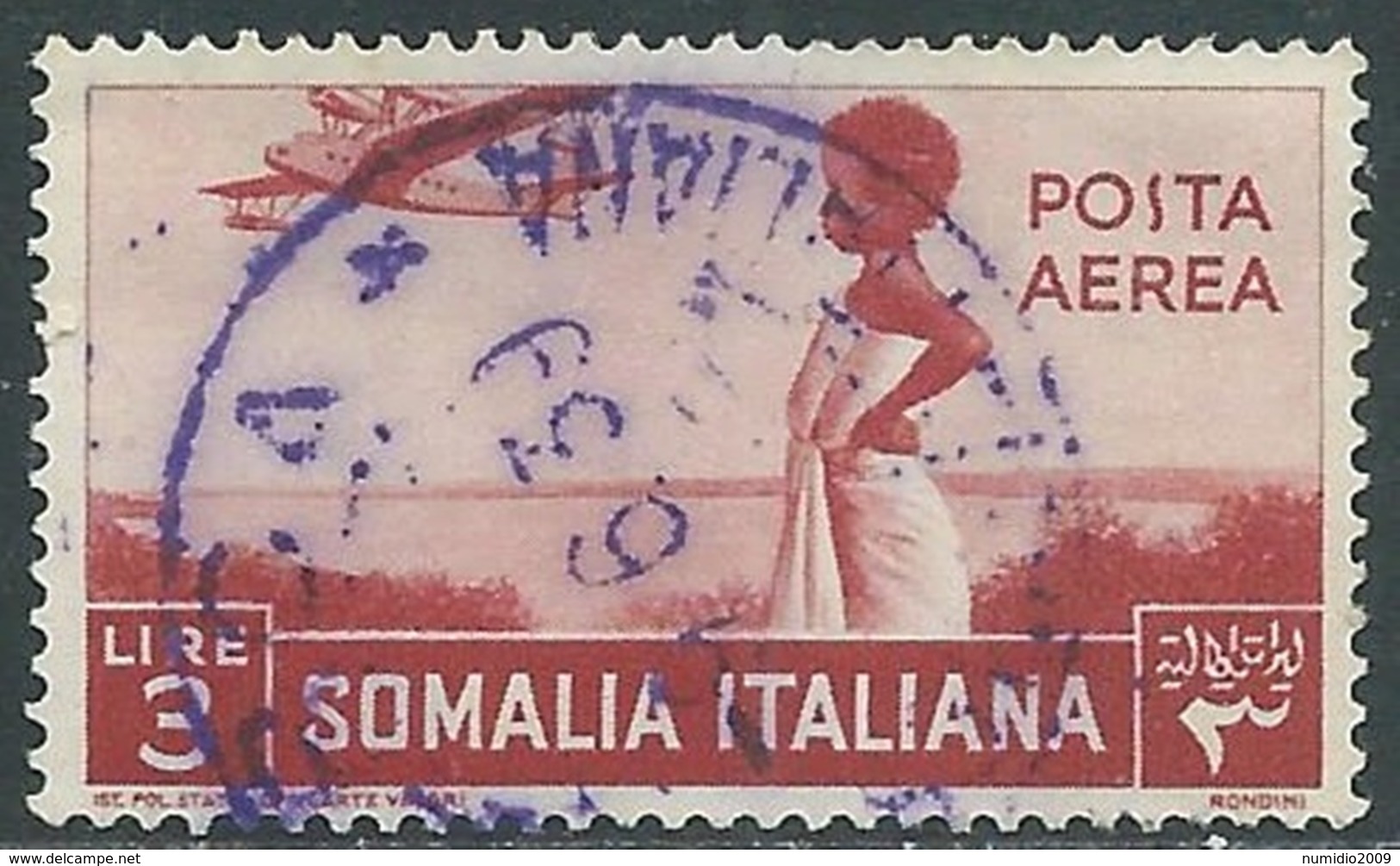 1936 SOMALIA POSTA AEREA USATO SOGGETTI AFRICANI 3 LIRE - UR31-5 - Somalia